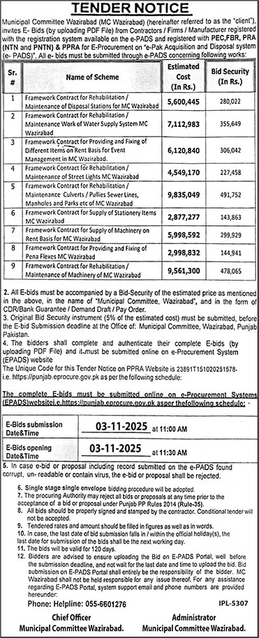 Municipal Committee Wazirabad Tender Notice